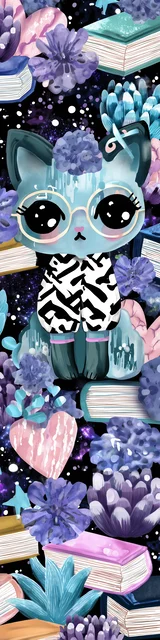 Free kawaii cats bookmark featuring a cute cat sitting on books